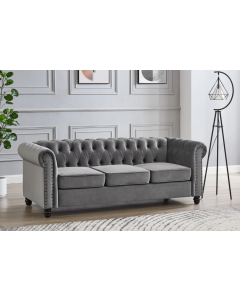 Chesterfield Velvet Grey Fabric 3 Seater Sofa