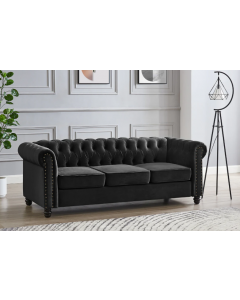 Chesterfield Velvet Black Fabric 3 Seater Sofa